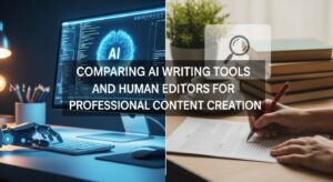 “AI writing tools and human editors working together on professional content creation using laptop and notes”