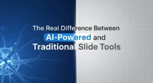 A side-by-side comparison of AI-powered and traditional slide tools showing differences in automation, speed, content creation, and design efficiency.