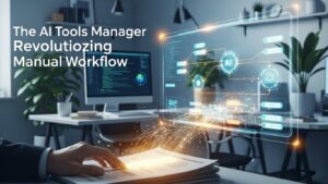 Illustration of AI automation replacing manual tasks in a workflow.
