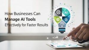 Business professionals using AI tools on laptops and devices to improve workflow efficiency and achieve faster results.