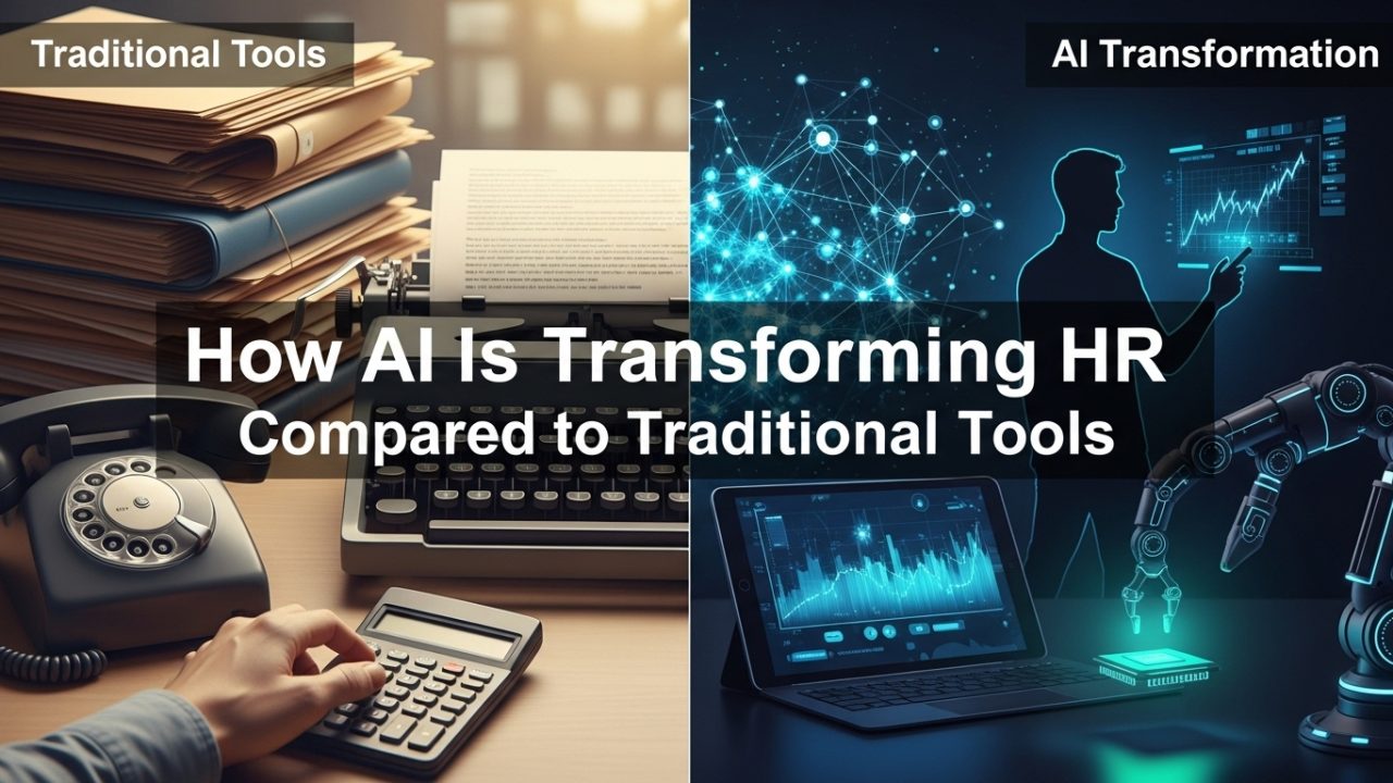 AI transforming HR processes compared to traditional tools with data analytics, automation, and digital recruitment technology.