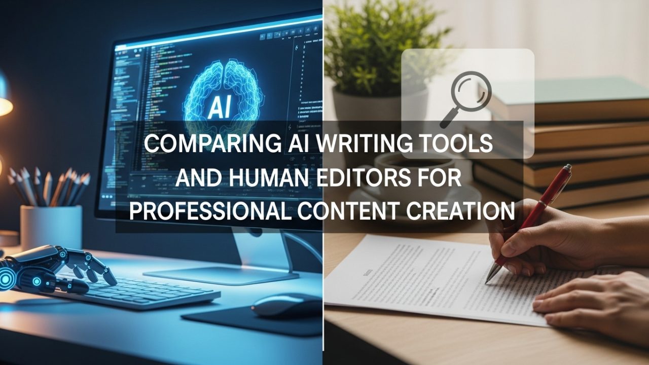 “AI writing tools and human editors working together on professional content creation using laptop and notes”