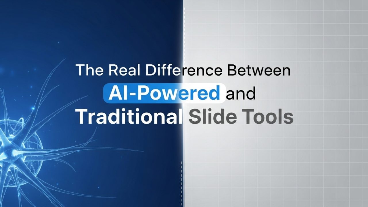 A side-by-side comparison of AI-powered and traditional slide tools showing differences in automation, speed, content creation, and design efficiency.
